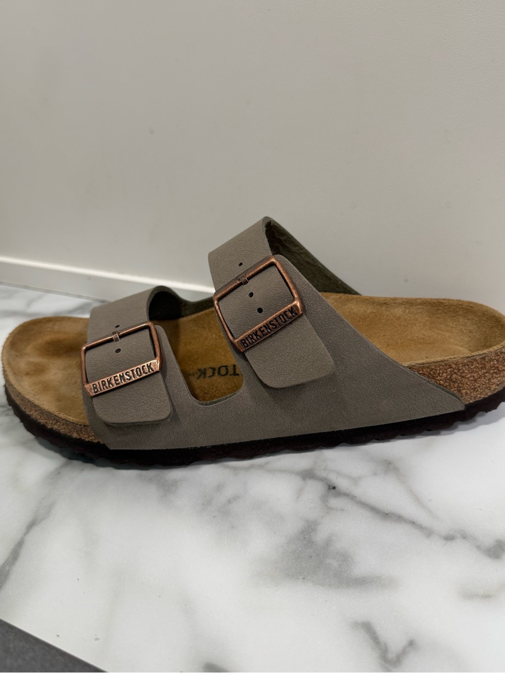Birkenstock Two-Strap Sandals Gray with Brown Footbed - Picture 3 of 9